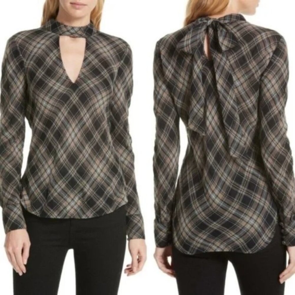 VERONICA BEARD Wade Metallic Plaid Tie-Neck Top Blouse size 6 Preppy Career